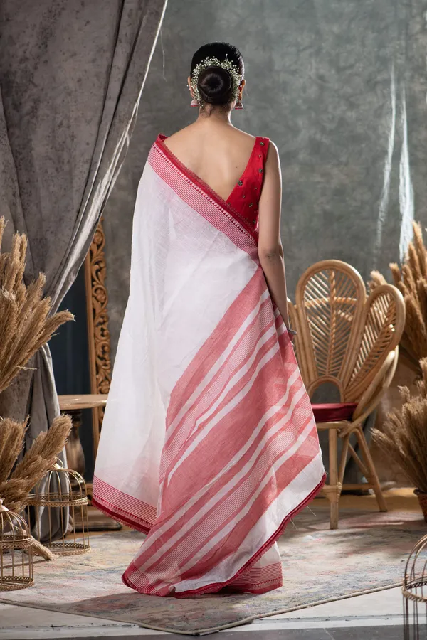White_Red_Premium_Cotton_Saree_With_Blouse_Piece_For_Women_&_Girls