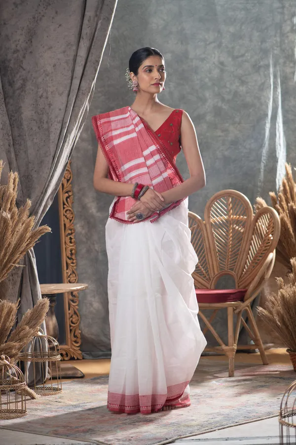 White_Red_Premium_Cotton_Saree_With_Blouse_Piece_For_Women_&_Girls