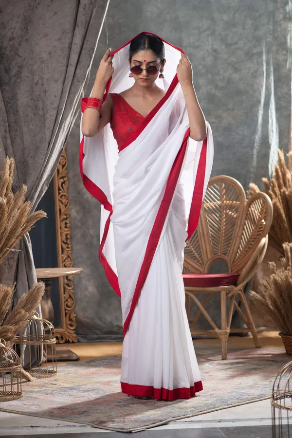 White_Red_Premium_Cotton_Saree_With_Blouse_Piece_For_Women_&_Girls