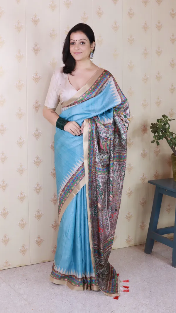 Blue_Tussar_Silk_With_Zari_Woven_Saree_With_Blouse_Piece_For_Women_&_Girl