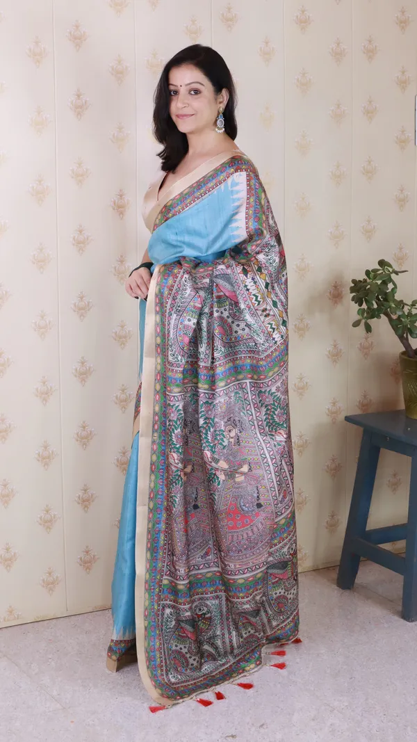 Blue_Tussar_Silk_With_Zari_Woven_Saree_With_Blouse_Piece_For_Women_&_Girl