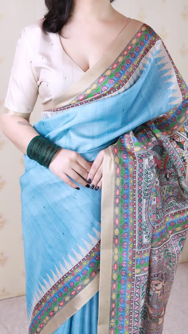 Blue_Tussar_Silk_With_Zari_Woven_Saree_With_Blouse_Piece_For_Women_&_Girl