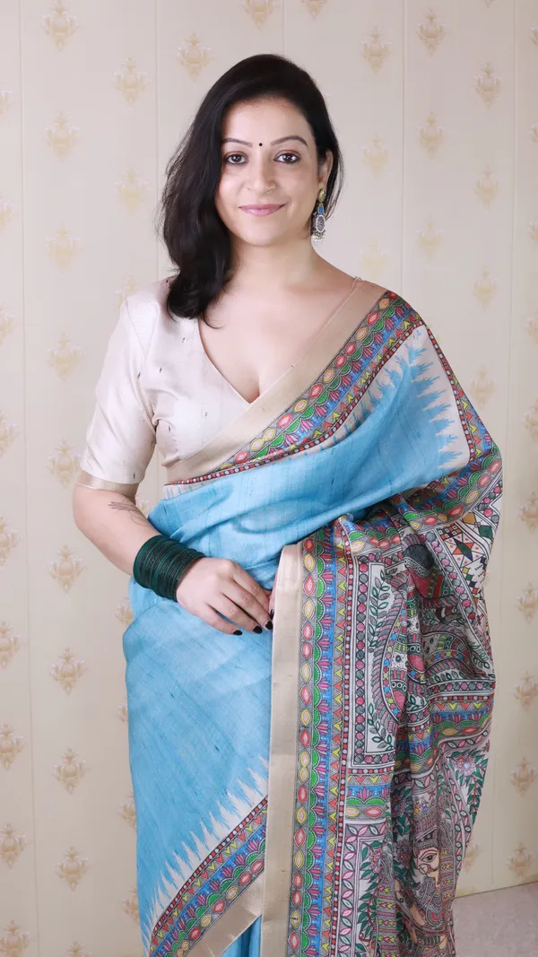 Blue_Tussar_Silk_With_Zari_Woven_Saree_With_Blouse_Piece_For_Women_&_Girl