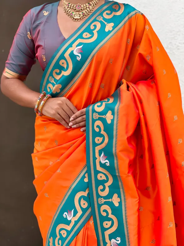 Orange_Paithani_Saree_With_Gold_Zari_Meenakari_Motifs_Saree_With_Blouse_Piece_For_Women_&_Girl