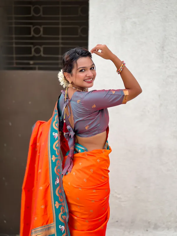 Orange_Paithani_Saree_With_Gold_Zari_Meenakari_Motifs_Saree_With_Blouse_Piece_For_Women_&_Girl