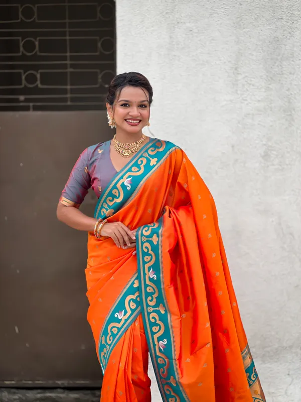 Orange_Paithani_Saree_With_Gold_Zari_Meenakari_Motifs_Saree_With_Blouse_Piece_For_Women_&_Girl