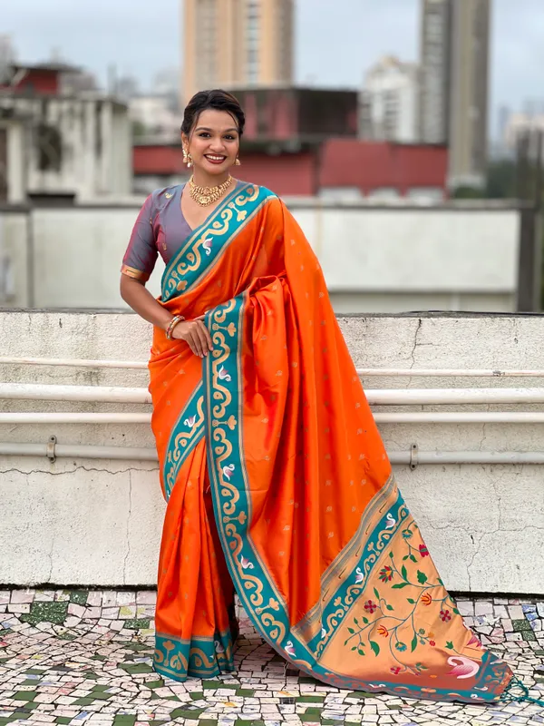 Orange_Paithani_Saree_With_Gold_Zari_Meenakari_Motifs_Saree_With_Blouse_Piece_For_Women_&_Girl
