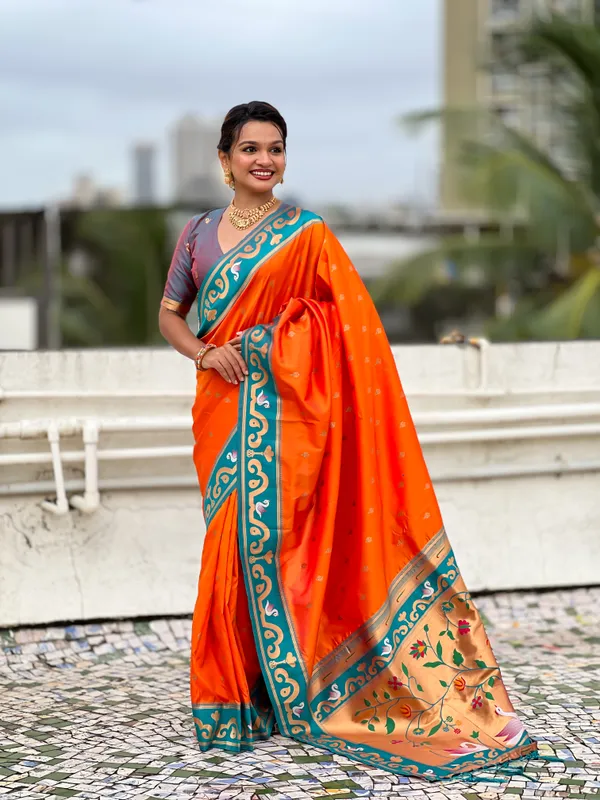 Orange_Paithani_Saree_With_Gold_Zari_Meenakari_Motifs_Saree_With_Blouse_Piece_For_Women_&_Girl