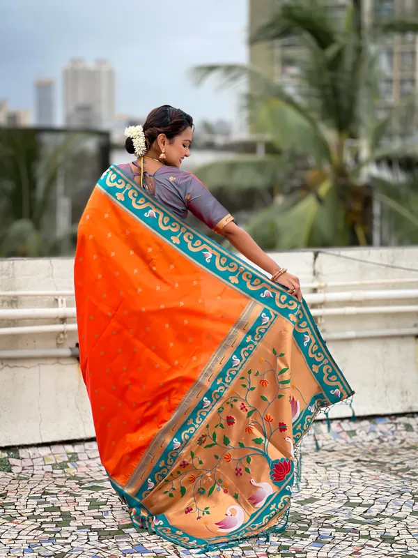 Orange_Paithani_Saree_With_Gold_Zari_Meenakari_Motifs_Saree_With_Blouse_Piece_For_Women_&_Girl