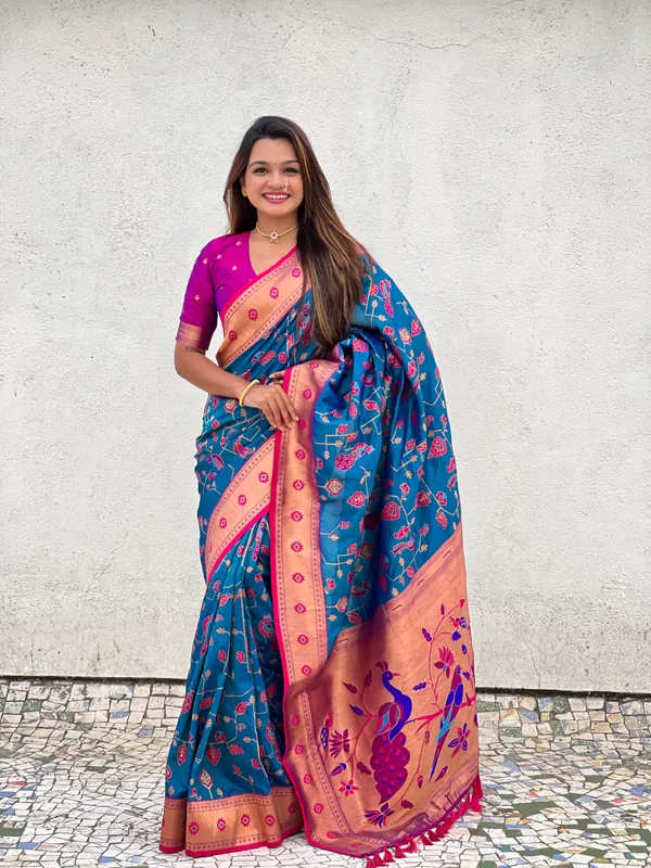Navy_Blue_Premium_Paithani_Saree_With_Blouse_Piece_For_Women_&_Girls