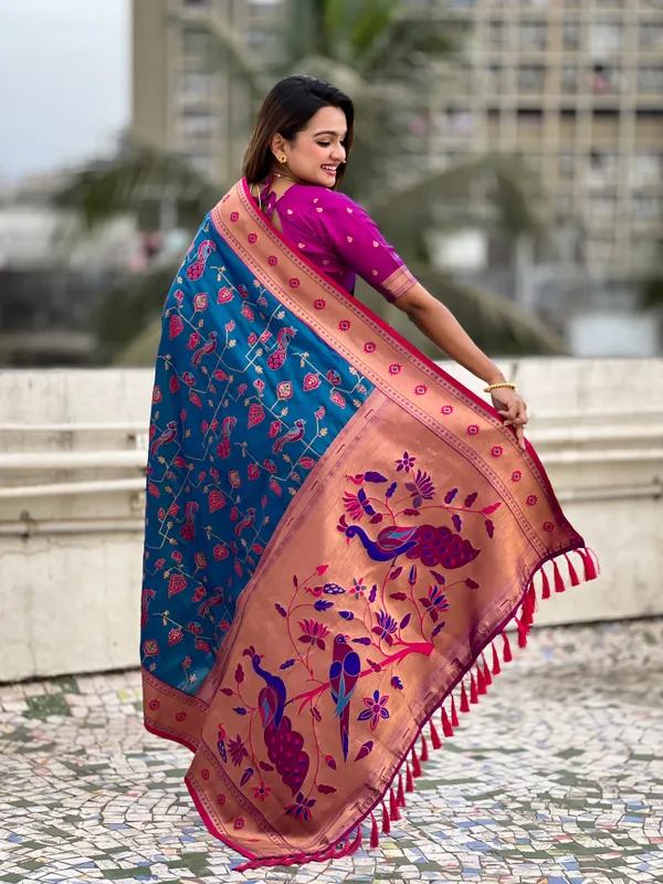 Navy_Blue_Premium_Paithani_Saree_With_Blouse_Piece_For_Women_&_Girls