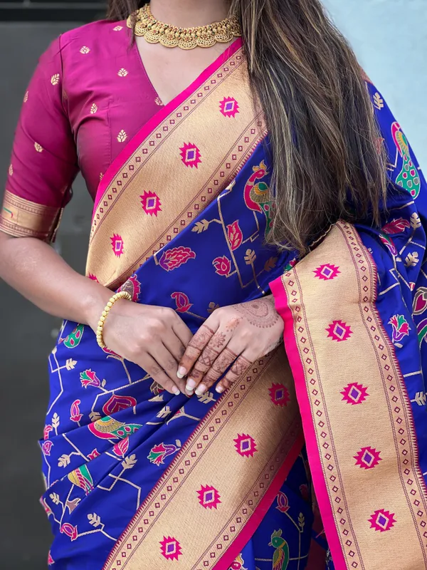 Blue_Premium_Paithani_Saree_With_Blouse_Piece_For_Women_&_Girls