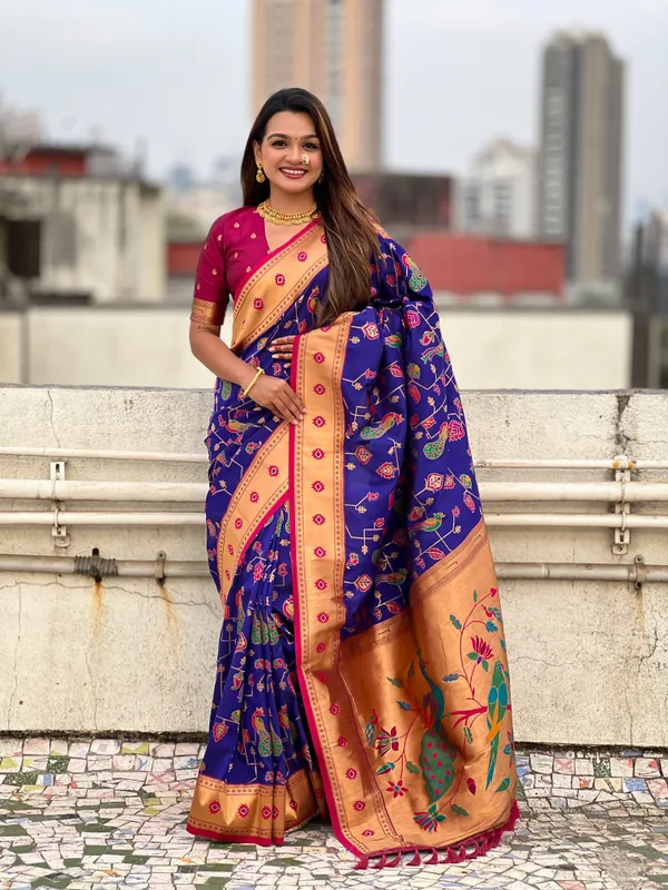 Blue_Premium_Paithani_Saree_With_Blouse_Piece_For_Women_&_Girls