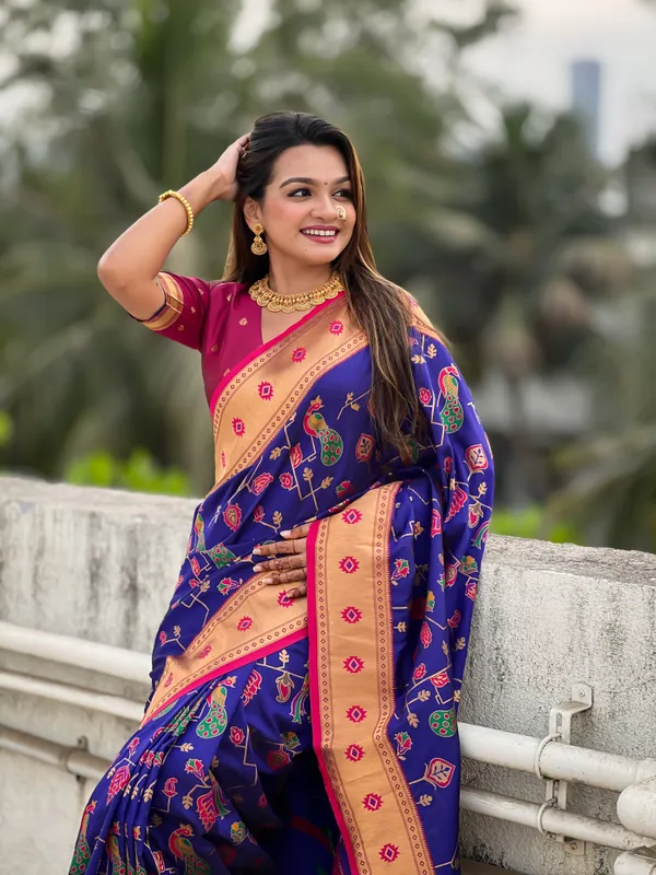 Blue_Premium_Paithani_Saree_With_Blouse_Piece_For_Women_&_Girls