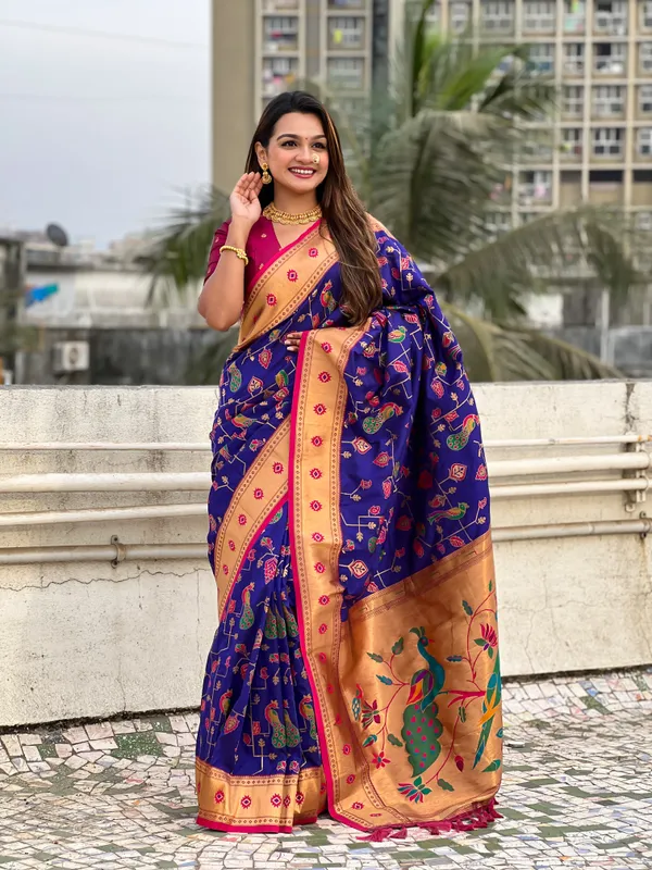 Blue_Premium_Paithani_Saree_With_Blouse_Piece_For_Women_&_Girls