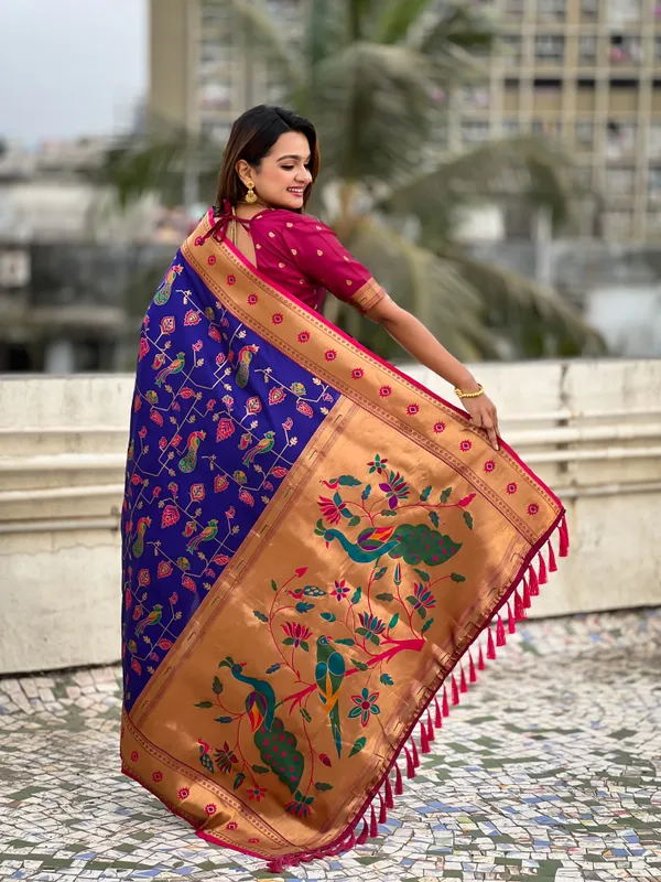 Blue_Premium_Paithani_Saree_With_Blouse_Piece_For_Women_&_Girls