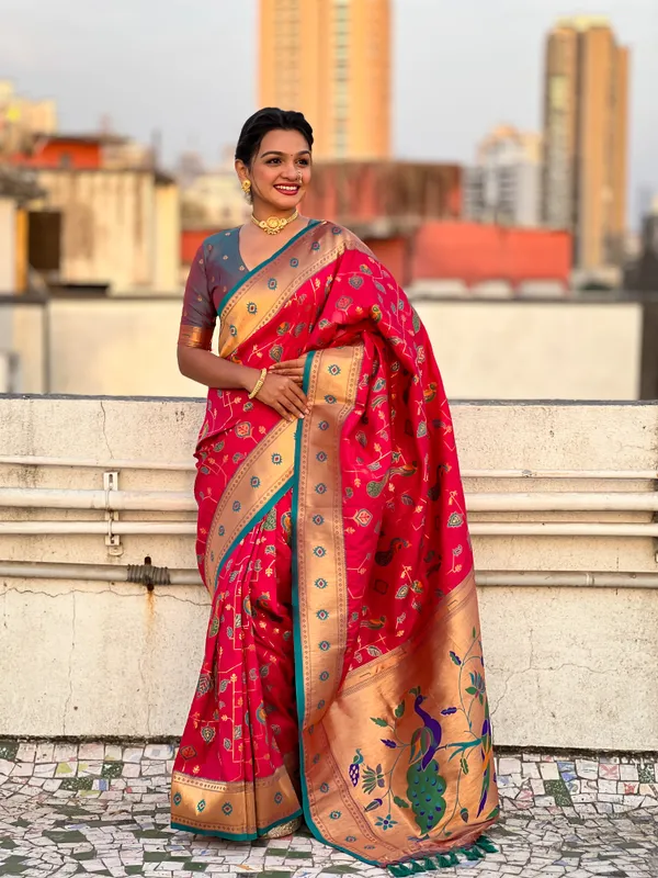 Red_Premium_Paithani_Saree_With_Blouse_Piece_For_Women_&_Girls