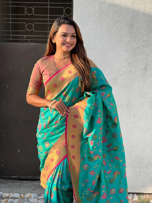Firozi_Premium_Paithani_Saree_With_Blouse_Piece_For_Women_&_Girls