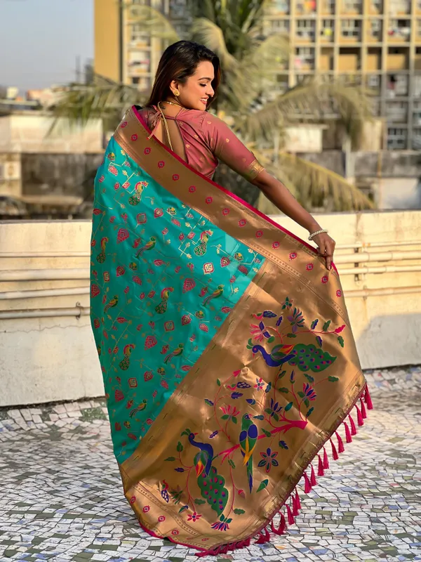 Firozi_Premium_Paithani_Saree_With_Blouse_Piece_For_Women_&_Girls