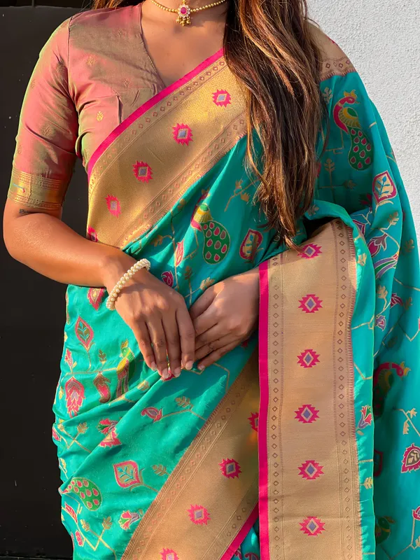 Firozi_Premium_Paithani_Saree_With_Blouse_Piece_For_Women_&_Girls