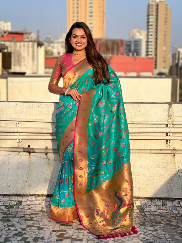 Firozi_Premium_Paithani_Saree_With_Blouse_Piece_For_Women_&_Girls