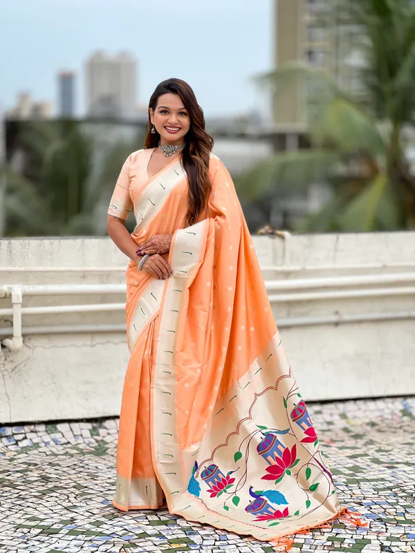 Orange_Paithani_Saree_With_Silver_Zari_Woven_Motifs_Saree_With_Blouse_Piece_For_Women_&_Girl