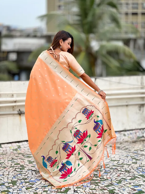 Orange_Paithani_Saree_With_Silver_Zari_Woven_Motifs_Saree_With_Blouse_Piece_For_Women_&_Girl