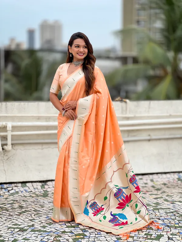 Orange_Paithani_Saree_With_Silver_Zari_Woven_Motifs_Saree_With_Blouse_Piece_For_Women_&_Girl