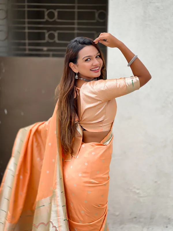 Orange_Paithani_Saree_With_Silver_Zari_Woven_Motifs_Saree_With_Blouse_Piece_For_Women_&_Girl