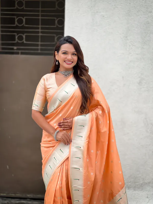 Orange_Paithani_Saree_With_Silver_Zari_Woven_Motifs_Saree_With_Blouse_Piece_For_Women_&_Girl