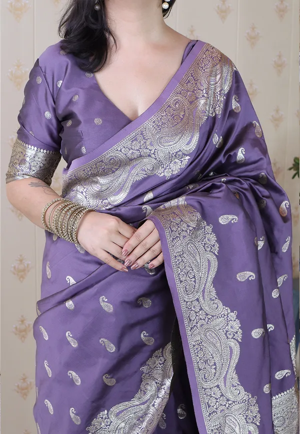 Lavender_Premium_Banarasi_Soft_Silk_With_Silver_Zari_Jaal_Weaved_Saree_With_Blouse_Piece_For_Women_&_Girl