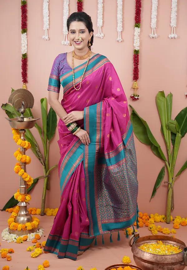 Pink_Soft_Silk_With_Floral_Motifs_Weaved_Saree_With_Blouse_Piece_For_Women_&_Girl