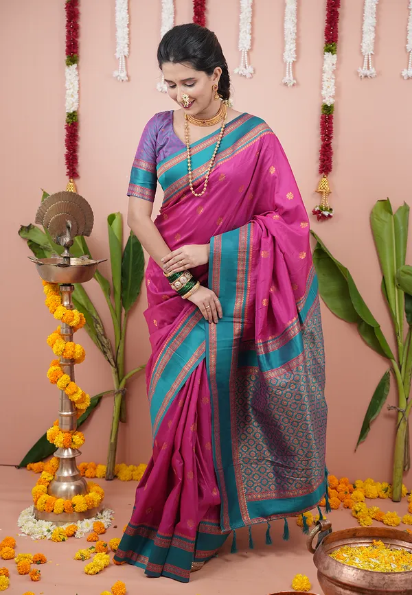 Pink_Soft_Silk_With_Floral_Motifs_Weaved_Saree_With_Blouse_Piece_For_Women_&_Girl