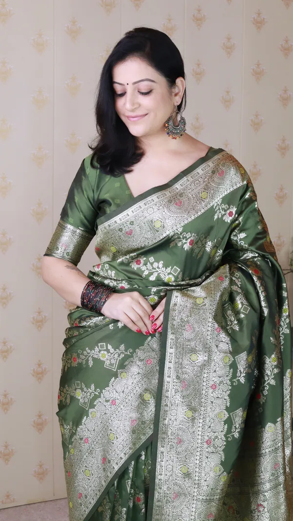 Mehandi_Premium_Banarasi_Soft_Silk_With_Silver_Zari_Meenakari_Jaal_Weaved_Saree_With_Blouse_Piece_For_Women_&_Girl