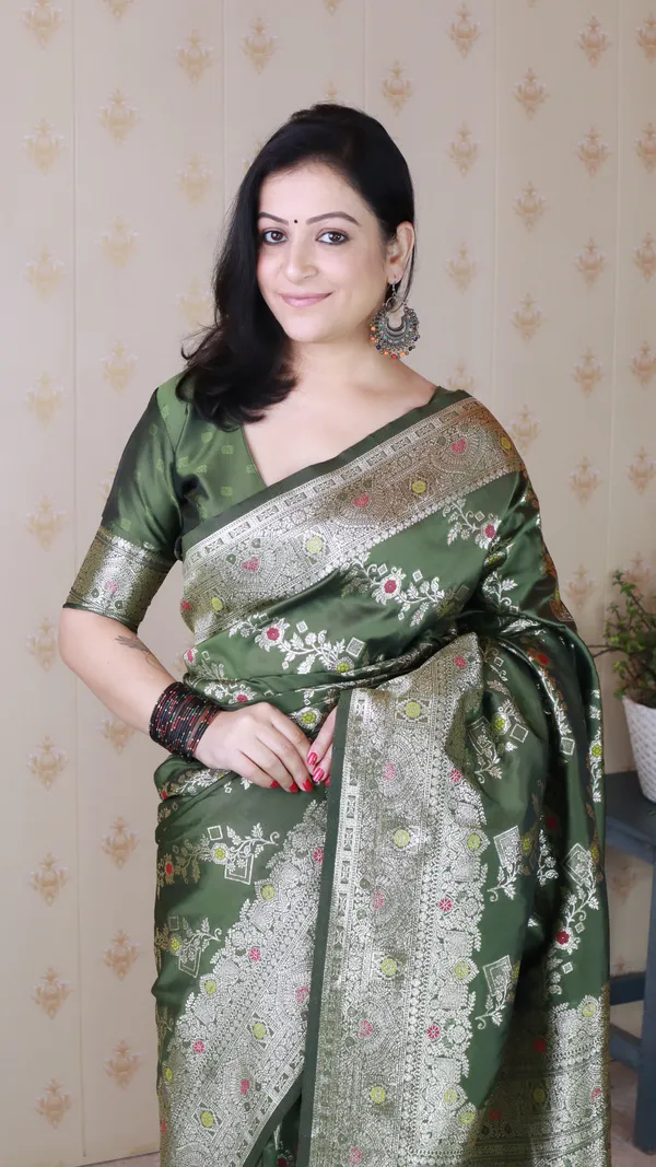 Mehandi_Premium_Banarasi_Soft_Silk_With_Silver_Zari_Meenakari_Jaal_Weaved_Saree_With_Blouse_Piece_For_Women_&_Girl