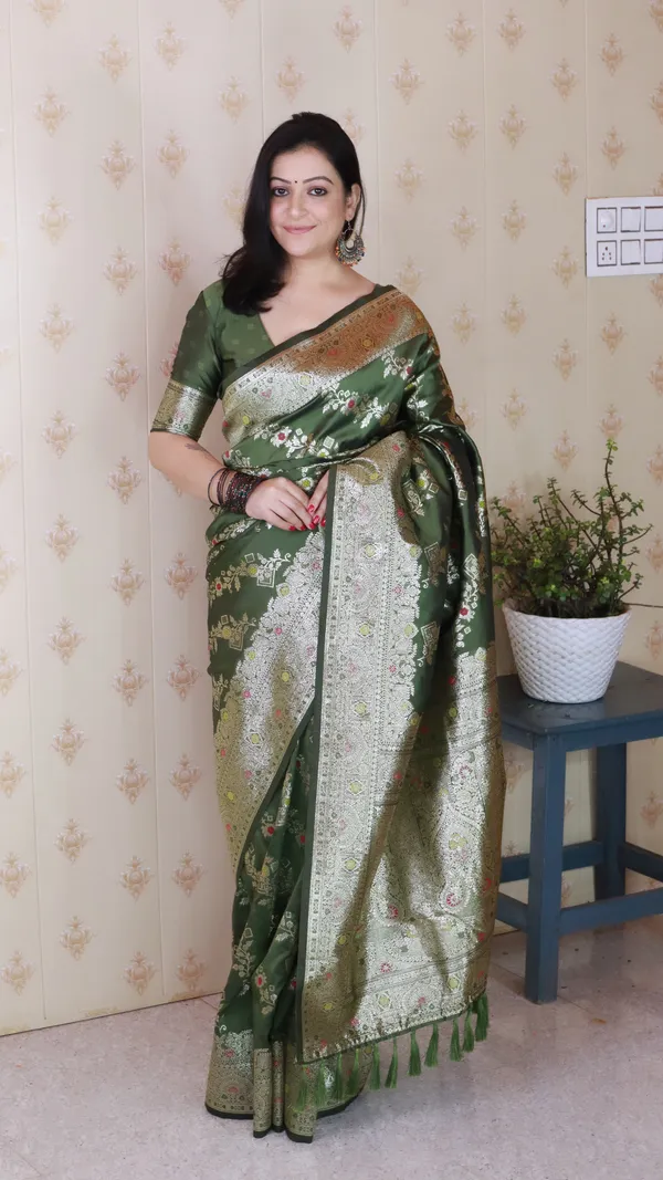Mehandi_Premium_Banarasi_Soft_Silk_With_Silver_Zari_Meenakari_Jaal_Weaved_Saree_With_Blouse_Piece_For_Women_&_Girl