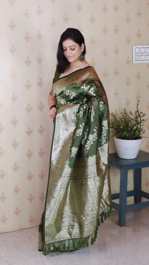 Mehandi_Premium_Banarasi_Soft_Silk_With_Silver_Zari_Meenakari_Jaal_Weaved_Saree_With_Blouse_Piece_For_Women_&_Girl