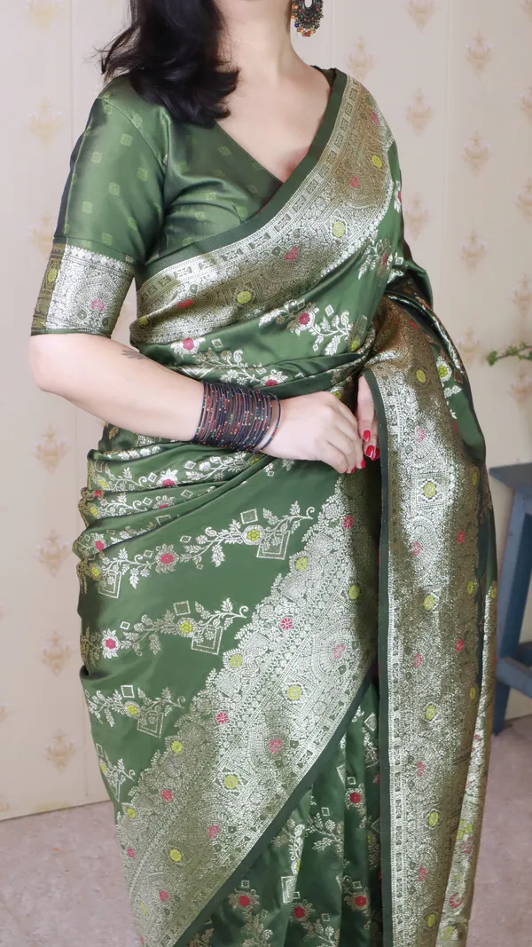 Mehandi_Premium_Banarasi_Soft_Silk_With_Silver_Zari_Meenakari_Jaal_Weaved_Saree_With_Blouse_Piece_For_Women_&_Girl