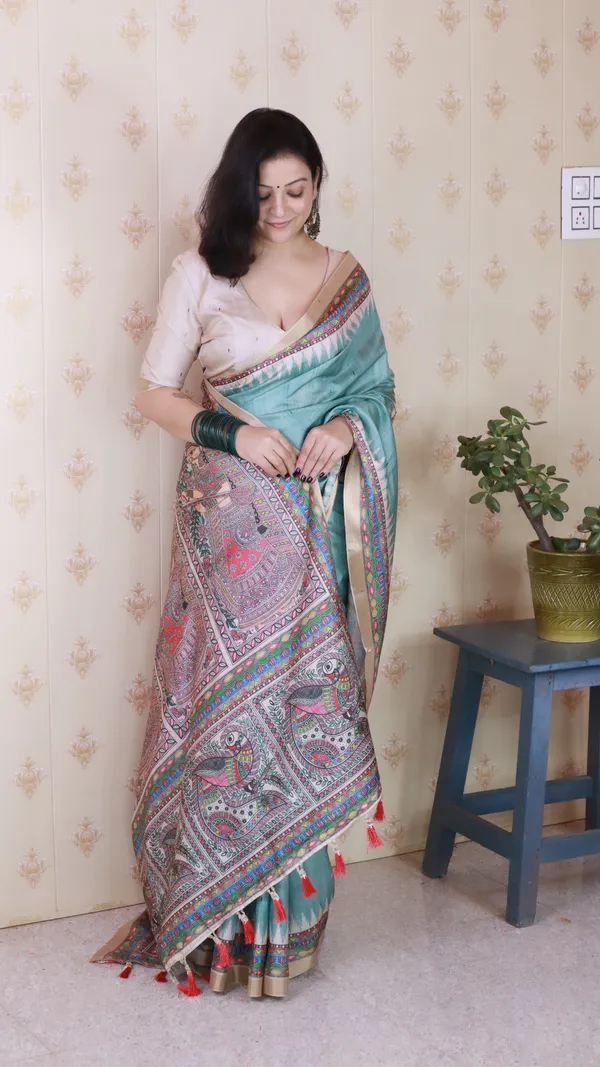Sea_Green_Tussar_Silk_With_Zari_Woven_Saree_With_Blouse_Piece_For_Women_&_Girl