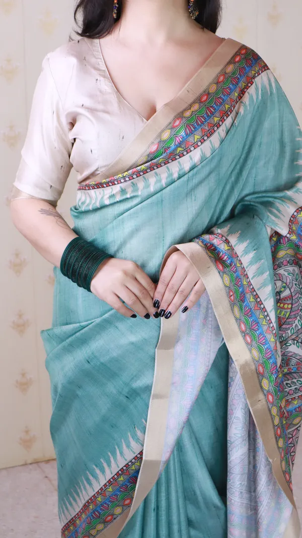 Sea_Green_Tussar_Silk_With_Zari_Woven_Saree_With_Blouse_Piece_For_Women_&_Girl