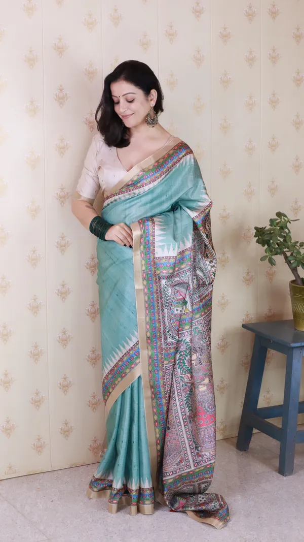 Sea_Green_Tussar_Silk_With_Zari_Woven_Saree_With_Blouse_Piece_For_Women_&_Girl