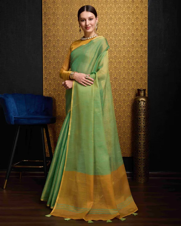 Green_Linen_Saree_For_Women_&_Girls
