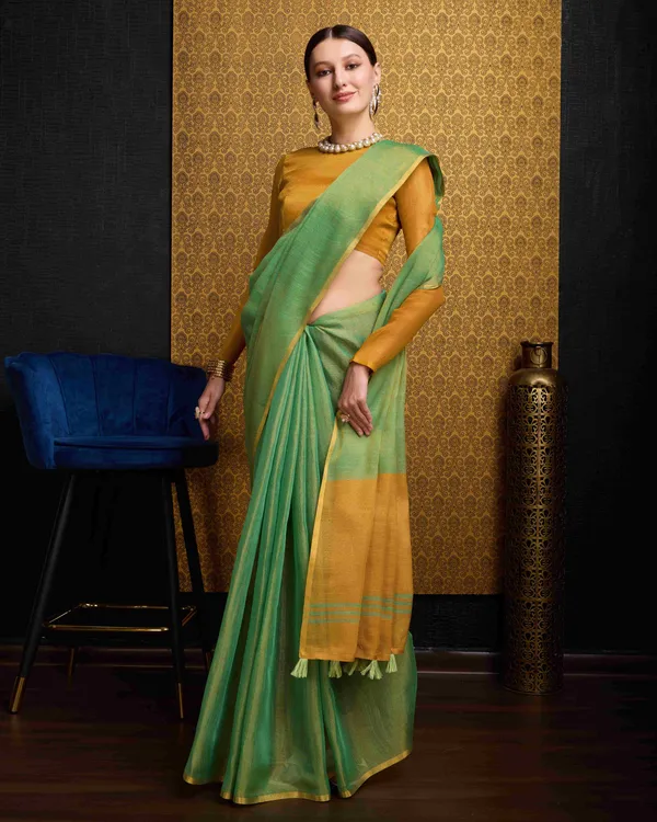 Green_Linen_Saree_For_Women_&_Girls