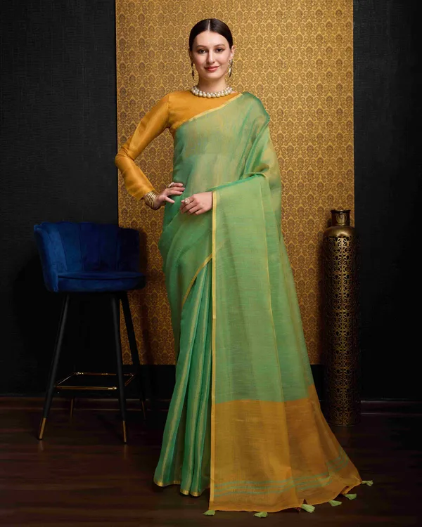 Green_Linen_Saree_For_Women_&_Girls