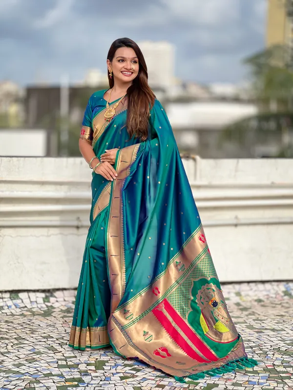 Turquoise_Blue_Soft_Silk_With_Floral_Motifs_Weaved_Saree_With_Blouse_Piece_For_Women_&_Girl