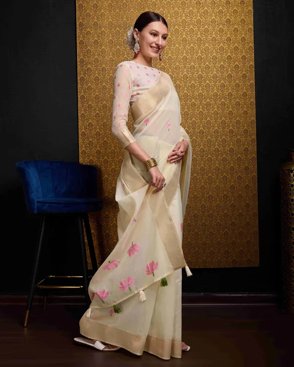 Cream_Linen_Saree_For_Women_&_Girls