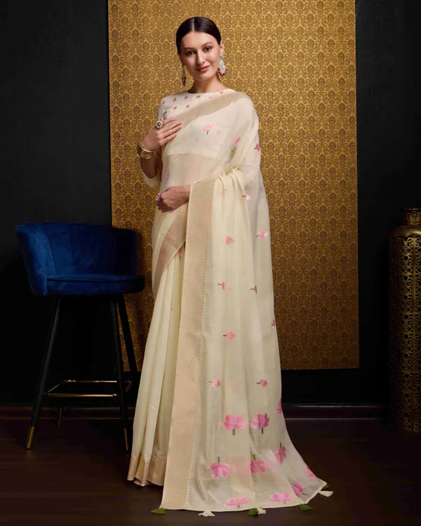 Cream_Linen_Saree_For_Women_&_Girls