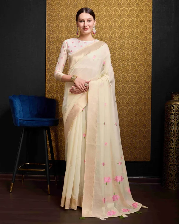 Cream_Linen_Saree_For_Women_&_Girls