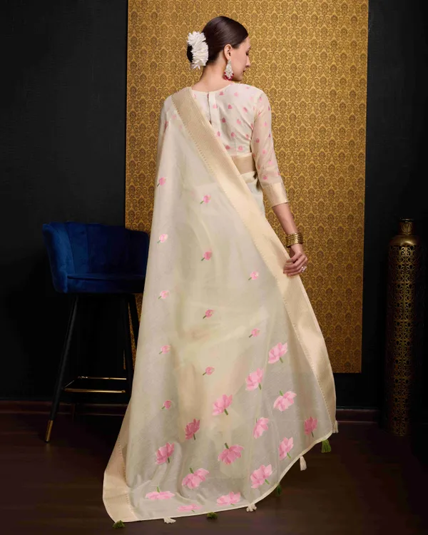Cream_Linen_Saree_For_Women_&_Girls