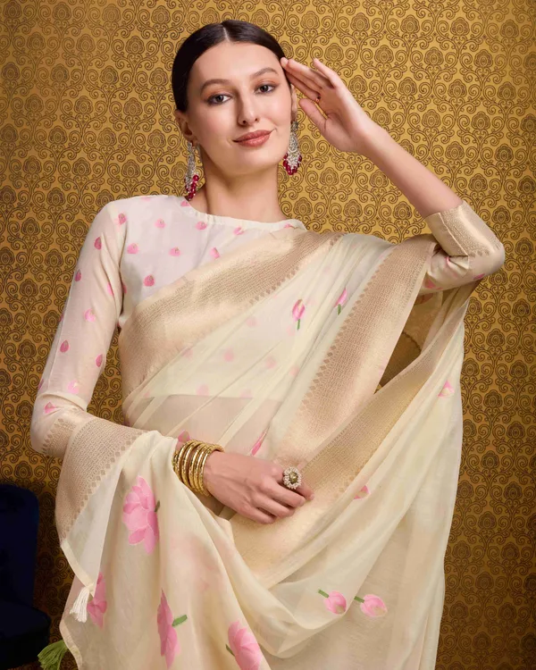 Cream_Linen_Saree_For_Women_&_Girls